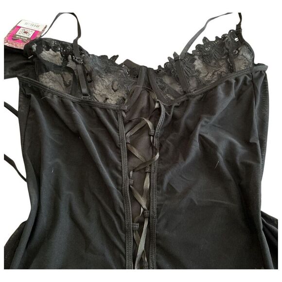 Lovely Lies Black Lace Up Corset Garters G String Lingerie 1X-2X - Picture 5 of 9